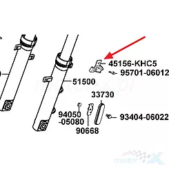 Uchwyt przewodu hamulca przy lewym amortyzatorze Kymco Super 8