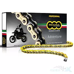 Łańcuch napędowy 520ZRE, Z-Ring, do 650ccm, spinka+zakuwka pełna i drążona, złoty, Regina Adventure [grupa]