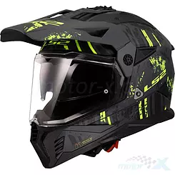 Kask motocyklowy offroad z szybą i blendą, LS2 MX702 Pioneer II Crazy Matowy Czarno-Żółty Fluo