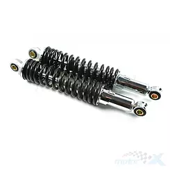 Amortyzatory tylne 310mm, tuleje 10mm dół i 12mm góra, regulowane, czarne-chrom Barton TZR