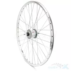 Felga przednia, koło rowerowe 26", obręcz SCHURMAN YAK 19, piasta srebrna Shimano C30003 ze szprychami
