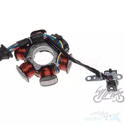 Stator iskrownik, stojan alternatora, 6V 60W, 6 cewek, 2x kostka 4 piny, 8 przewodów, WM Motor