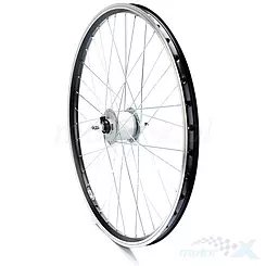 Felga przednia, koło rowerowe 26", obręcz czarna AG motors (2), piasta srebrna Shimano C30003, ocynk