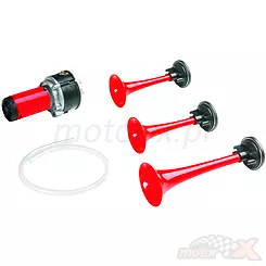 Klakson elektro-pneumatyczny, wysoki i niski ton, uniwersalny, ze sprężarką w zestawie, czerwony, 153mm+ 165mm + 215mm, Gauss