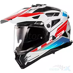 Kask motocyklowy offroad z szybą i blendą, LS2 MX702 Pioneer II Namib Połysk Biało-Czerwono-Niebieski