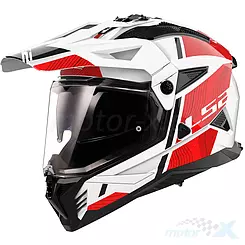 Kask motocyklowy offroad z szybą i blendą, LS2 MX702 Pioneer II Hill Połysk Biało-Czerwony