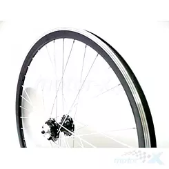 Felga przednia, koło rowerowe 26", stożkowe, czarne, piasta z otworami do tarczy hamulcowej